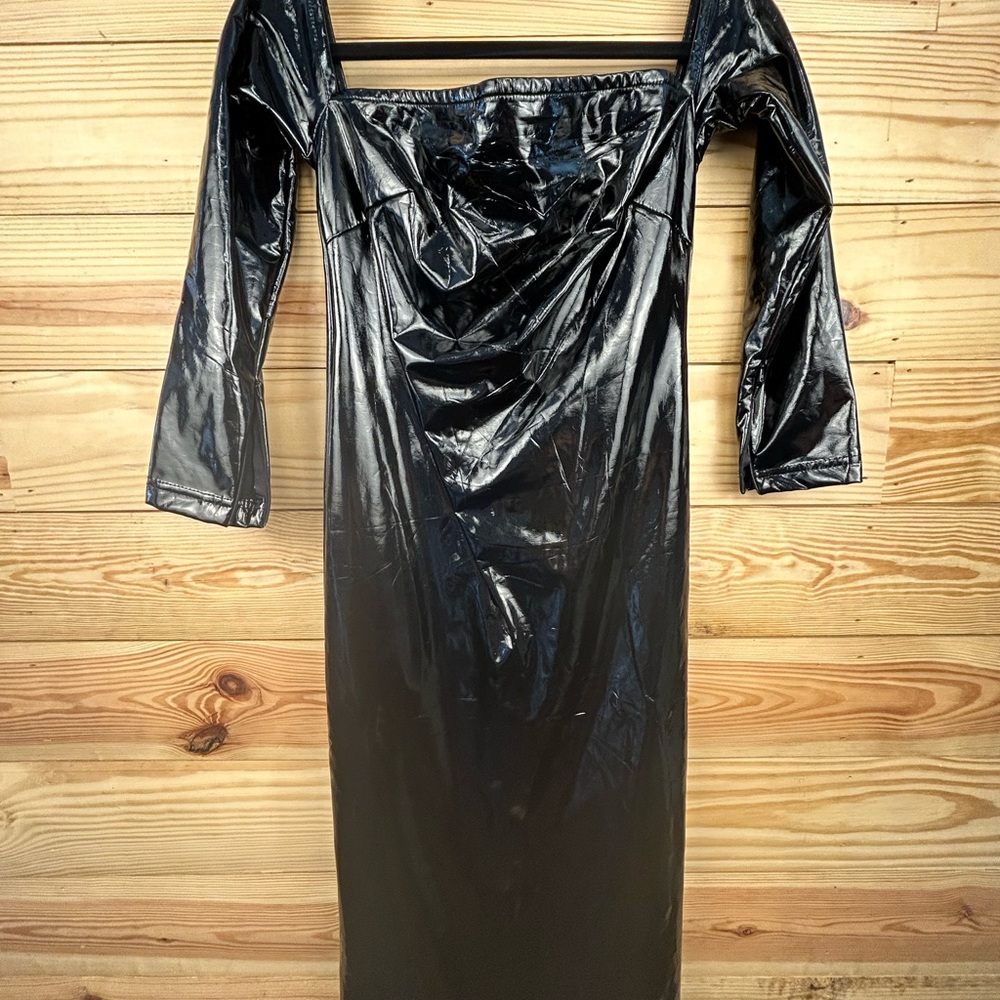 ASOS Laquan Smith Black Shiny Off-Shoulder Long Sleeve Bodycon Dress